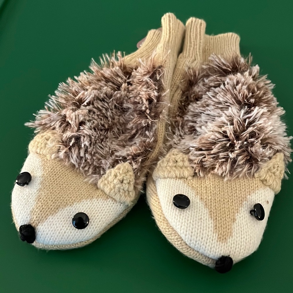 Adorable fuzzy hedgehog mittens!
